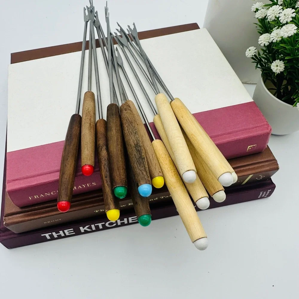 Vintage Mixed Wood Handle Fondue Forks Lot of 13 Mid Century MCM Skewers